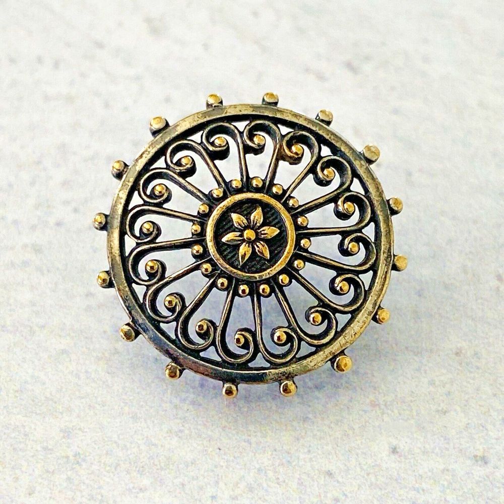 Antique Sterling Silver Filigree Open Work Button with Gold Accents